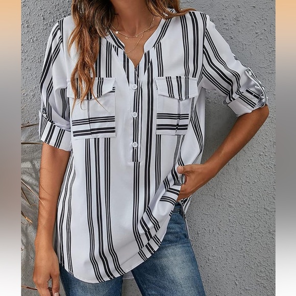 ZC&GF Tops - Top Shirt Stripes Lightweight Buttons Long Sleeves 3/4 Sleeves Roll-Up Cuffs 2XL